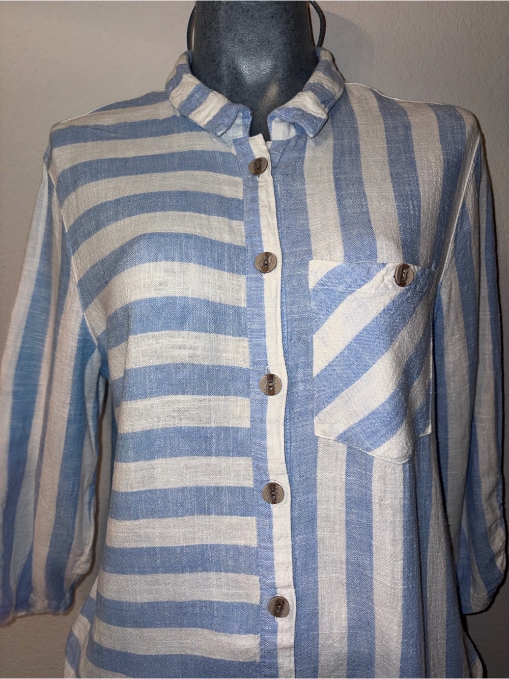 Ali Miles Blue and White Striped Casual Button-Down Shirt